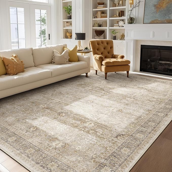Beige Taupe Area Rug 6x9, Vintage Neutral Earth Tone Rugs for Living Room Bedroom, Washable Non Slip Low Pile Thin Carpet Rug for Dining Room Playroom Guest Room Home Office