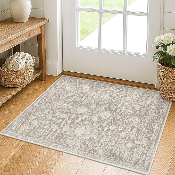KILOCOCO Moroccan Small Area Rug 2x3 Entryway Rugs Printed Vintage Floral Washable Rug Non-Slip Kitchen Indoor Door Mat, Accent Throw Small Rugs for Laundry Room Bedroom Entrance, Beige