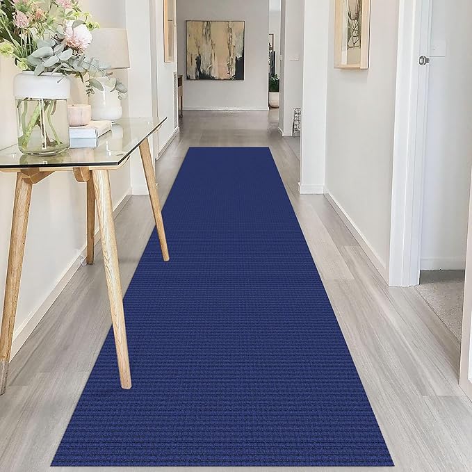 IOHOUZE Washable Runner Rug 2.6x10 Non Slip Rubber Backed Long Hallway Runner Entryway Runner Indoor, Kitchen Rugs Woven Cotton Floor Carpet for Hall Entrance, Royal Blue/Navy