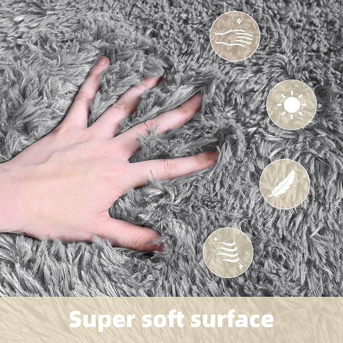 4x6 Solid Fluffy Grey Area Rug – Washable, Durable, Living Room Rug, Non-Slip High Pile Shag Rugs for Bedroom, Living Room, Bedside, Dorms, Nursery Rooms, Kids Room, Soft Indoor Floor Carpet