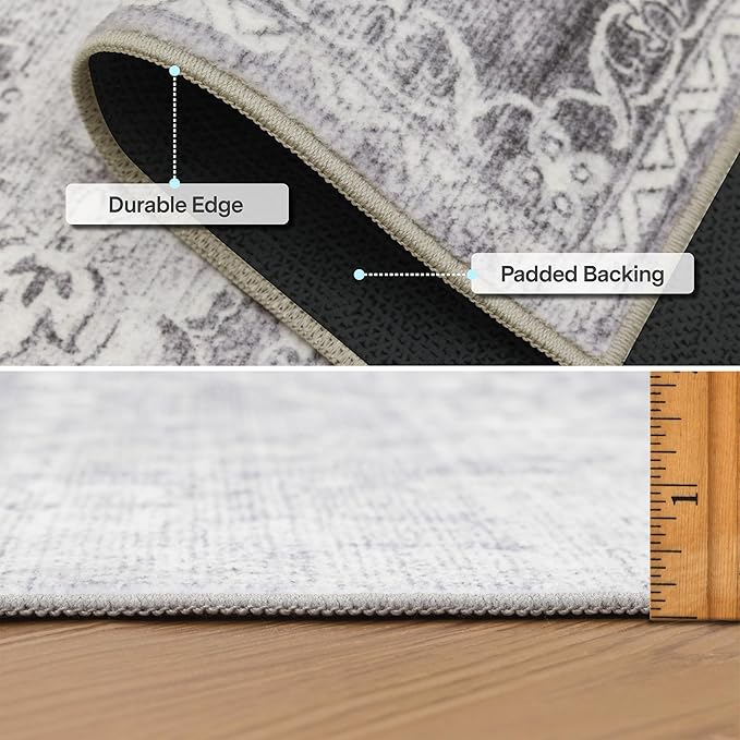 ReaLife Rugs Machine Washable Area Rug Runner - Living Room Bedroom Bathroom Kitchen Entryway Office - Padded Low Pile Stain Resistant Premium - Boho Farmhouse Vintage - Noor - Silver Ivory 2'6" x 6'