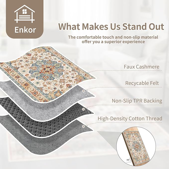 Enkor Area Soft Rugs 2x3 Washable Non Slip Boho Small Floor Entryway Rugs for Living Room Bedroom, Vintage Style Farmhouse Mat for Kitchen Orange & Beige