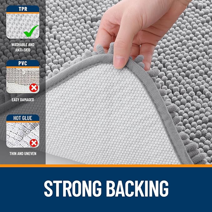 OLANLY Bathroom Rugs 24x16, Extra Soft Absorbent Chenille Bath Rugs, Rubber Backing Quick Dry, Machine Washable Bath Mats for Bathroom Floor, Tub and Shower, Home Decor Accessories, Grey