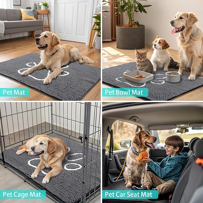 Smiry Dog Door Mat for Muddy Paws, Absorbent Dirt Trapper Non Slip Quick Dry Washable Chenille Mat for Mud Dogs, Entry Rug for Indoor and Outdoor (48x30 Inches, Dark Grey and White)