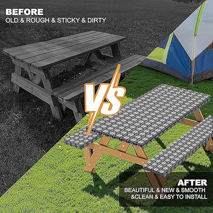 Picnic Table Cover with Bench Covers and Bag, Camping Essentials, Buffalo Plaid Waterproof and Windproof, Fitted Tablecloth Cover with Elastic Edge, for Outdoor, 3 PCS, (Black & White, 30"x60")