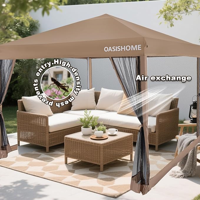 OASISHOME 10'x10' Pop-Up Gazebo Canopy Tent with Netting Sidewall & Wheeled Bag,Weight Bag, Stakes, Ropes, Waterproof, UV Protection, Heavy-Duty Steel Frame for Backyard/Outdoor/Parties (Khaki,10x10)