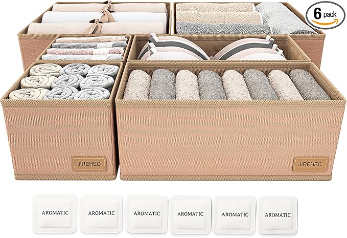 Clothes Organizer, Transform Your Drawers in Seconds - Cream Set of 6 Foldable Storage Boxes with Zipper, Durable 600D Fabric, Includes Fragrance Sachets, Ideal for Underwear, Socks, Baby Clothes