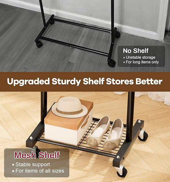 MISSLO Small Clothes Racks for Hanging Clothes Clothing Rack with Wheels 60" Metal Garment Rack with Shelves Portable Rolling Wardrobe Rack for Small Space, Black