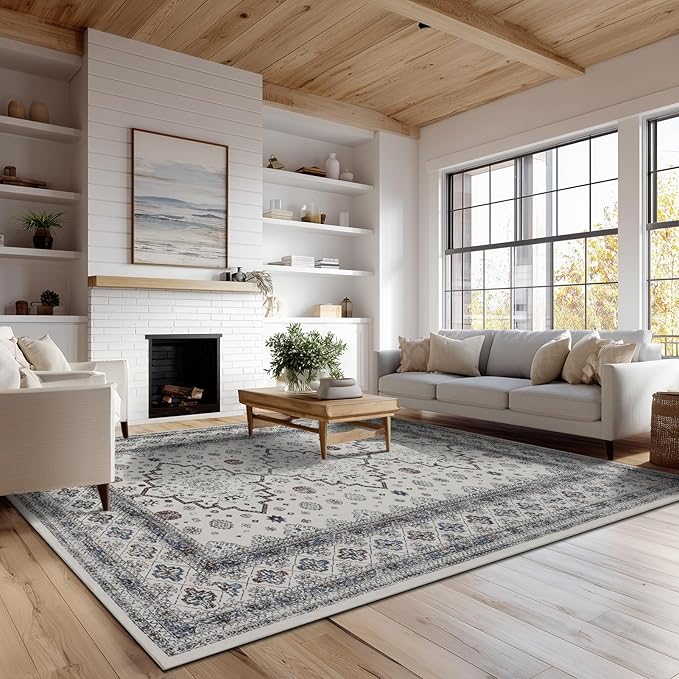 Washable Rugs 5x7 Area Rugs for Living Room, Thin carpet for Bedroom, Soft Faux Wool Retro Dining Room Rug，Non Slip&Non-Shedding Resistant Low Pile Vintage Print Rug for Home Office (White Cream/Gray)