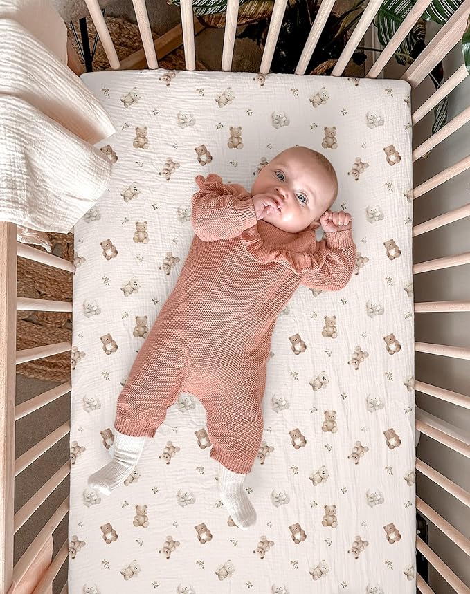 Bassinet Sheet for Baby Boy and Girl 2 Pack, Fitted Sheets for Rectangle, Oval, Hourglass Bassinet Mattress, Muslin Moses Basket Sheets with Neutral Style (Teddy & Friends)
