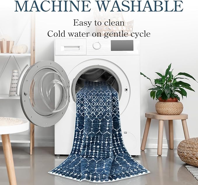 Lahome Moroccan 2x5 Washable Blue Runner Rug, Non-Slip Low-Pile Stain Resistant Kitchen Rugs, Geometric Soft Bathroom Runner Carpet for Entrance Bedroom Laundry (Blue,2'x5')