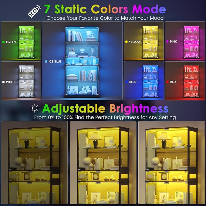 RGB Glass Display Cabinet, 5-Tier Lighted Display Case