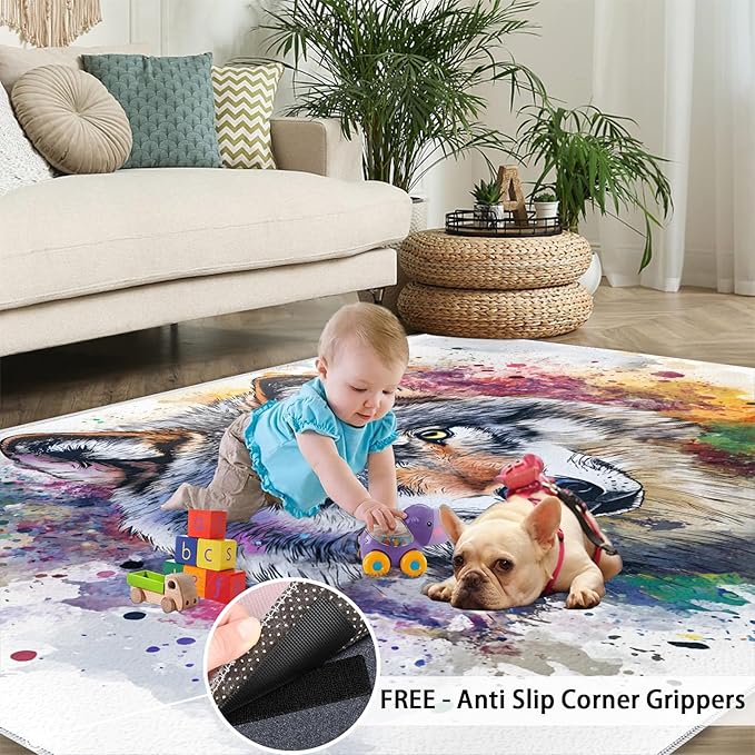 Wolf Rugs for Bedroom - 5x8 Area Rug - Graffiti Wolf Rugs for Living Room, Abstract 3D Animal Graffiti Rug, Washable Home Decor Carpet