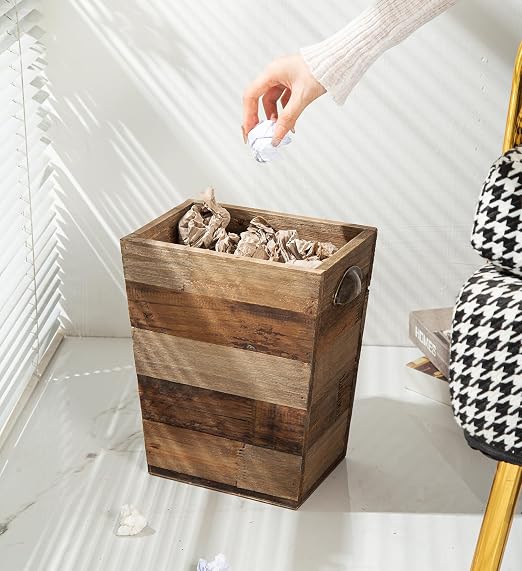 Small Wood Trash Can, Farmhouse Rectangular Garbage Can Waste Basket, Rustic