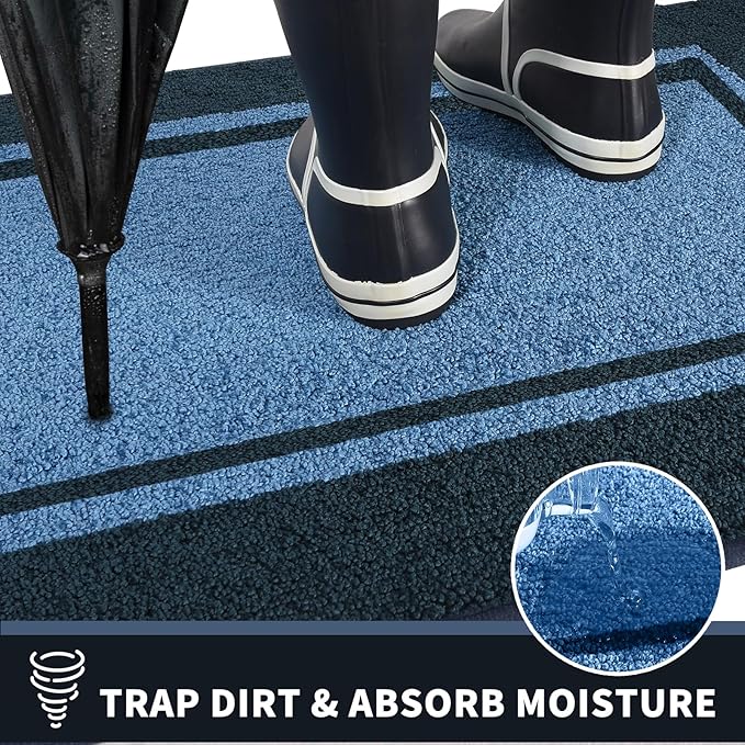 PURRUGS Dirt Trapping Door Mat 24" x 60", Non-Slip/Skid Machine Washable Entryway Rug, Shoes Scraper, Area Rug, Super Absorbent Welcome Mat for Muddy Wet Shoes and Paws, Light Blue & Navy