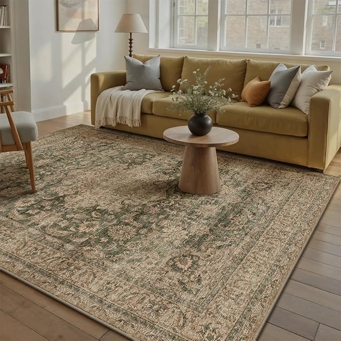 5x7 Washable Vintage Area Rug Green Brown Living Room Bedroom Carpet Non-Slip Soft Low Pile Distressed Indoor Throw Rug for Dining Room Entryway Office