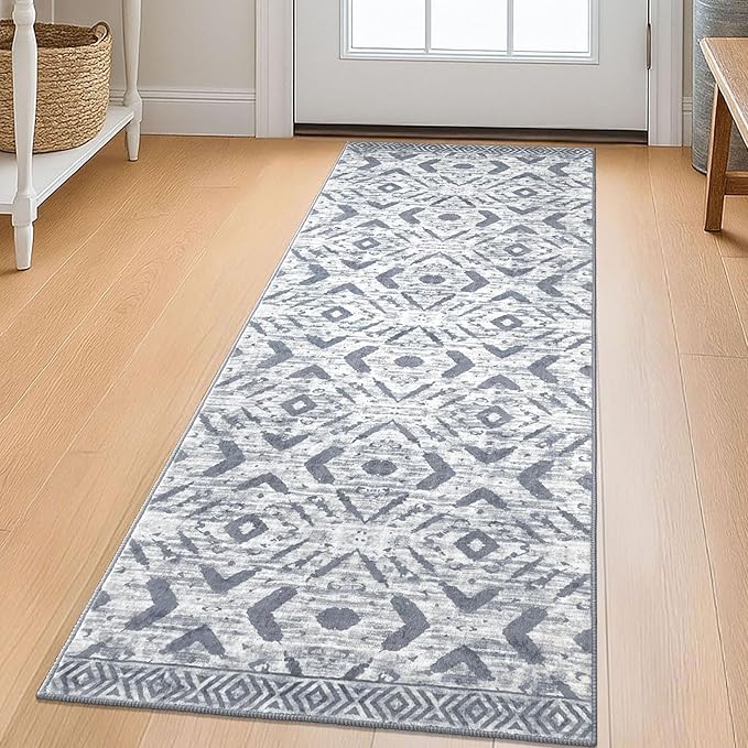 KILOCOCO Kitchen Runner Rug Hallway Runner Rug Washable, Soft Runners Rugs Non Slip Printed Distressed Laundry Room Rugs, Low-Pile Runners for Entryway/Bedroom/Living Room, 2x5 Gray/White