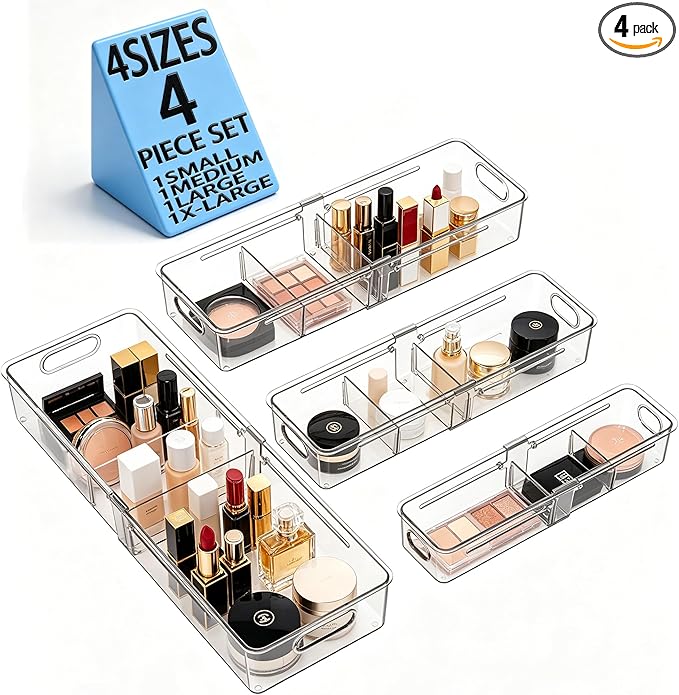 BLULEE 4-Piece Expandable Drawer Organizer Set, Adjustable Clear Bins with Dividers for Kitchen, Bathroom, Vanity & Office, Scalable Trays for Cosmetics, Utensils & Desk Accessories