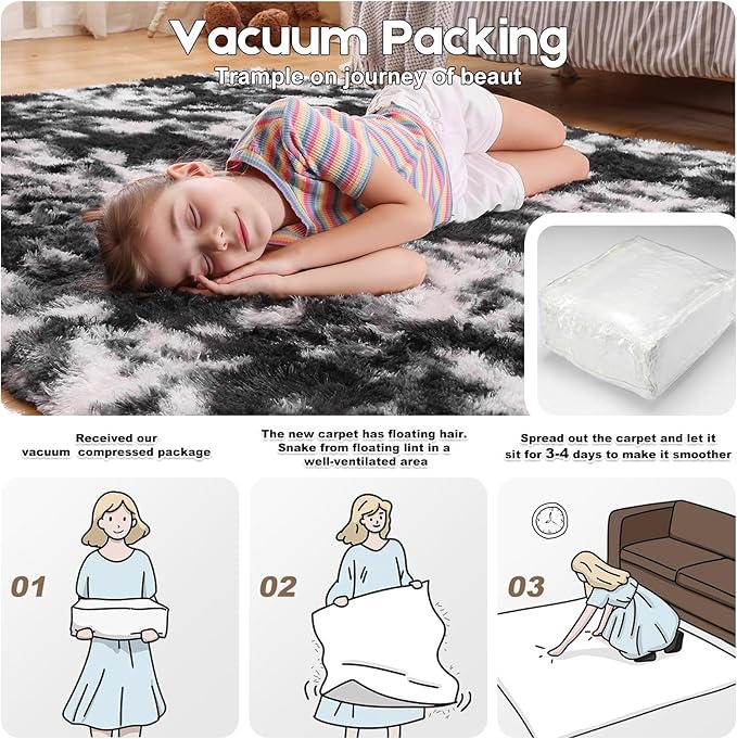 5x7 Area Rugs for Living Room, Fluffy Large Rugs for Bedroom, Soft Shag Fuzzy Non-Slip Carpet for Kids Boys and Girls Nursery Room Dorm Indoor Home Decor (Black and White, 5ft x 7ft)