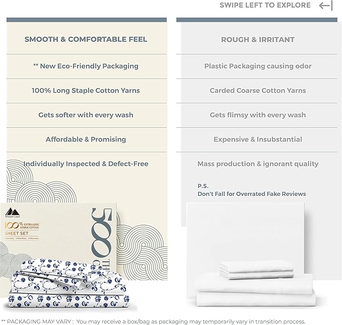 Mayfair Linen 100% Cotton Printed Bed Sheets Queen Size Set - 500 Thread Count Cotton Sheets for Queen Size Bed, 4 PC Set (Floral Blue), Soft, Cooling, Sateen Hotel Quality 16" Deep Pocket Bedsheet