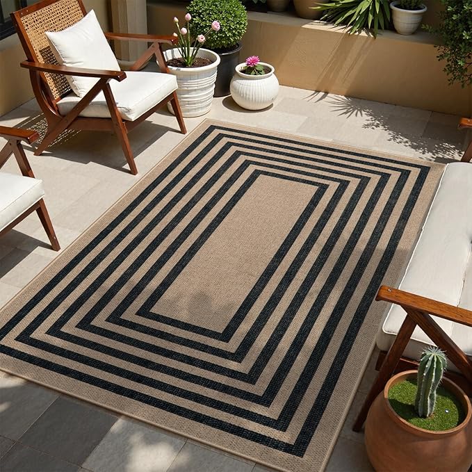 Lahome Modern Geometric Easy Jute Entryway Rug, 4x6 Black Washable Carpet for Bedroom Contemporary Thin Living Room Patio Rug, Farmhouse Non Slip Indoor Outdoor Carpet for Dining Room Backyard