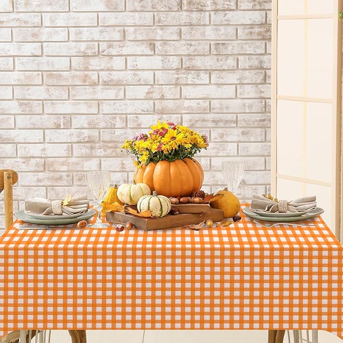 12 Pack Orange Plastic Checkered Tablecloth, Premium Decorative Disposable Orange Gingham Plaid Table Cloths for Parties, Rectangle Party Table Cover for Fall Thanksgiving Picnic Birthday, 54x108 Inch