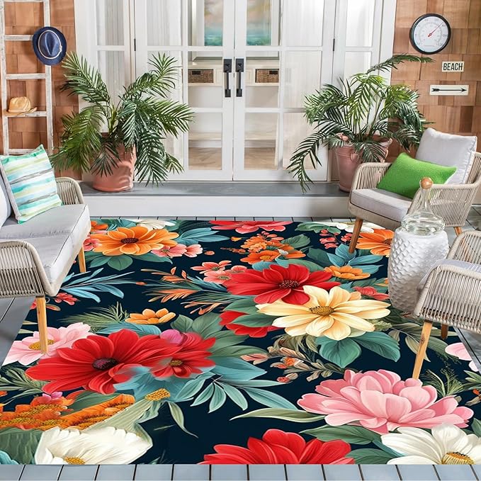 Washable Outdoor Rug with Floral Texture 4x6 Waterproof Non Slip Vibrant Area Rugs for Patio Deck Garden Balcony Large Flower Print Camping Porch Backyard Outside Carpet Red Navy Blue