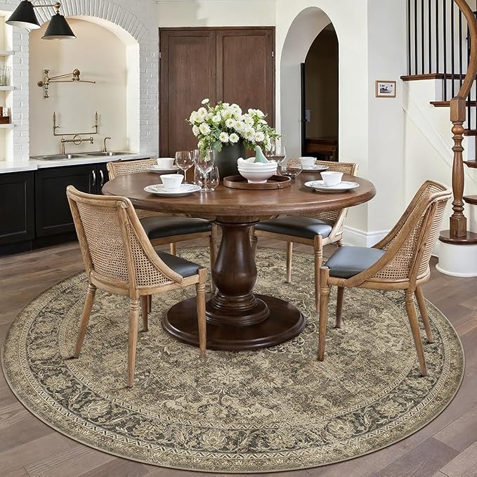 6x6 Washable Brown Round Rug Vintage Living Room Bedroom Circle Rug Non-Slip Soft Low Pile Distressed Indoor Carpet for Kitchen Dining Room Office
