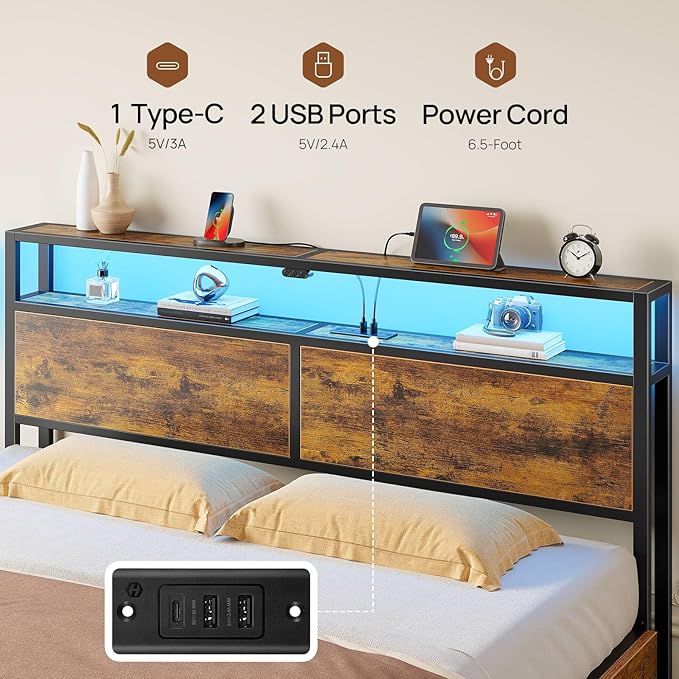 Rolanstar Twin Bed Frame with 4 Storage Drawers, Charging Station and LED Lights