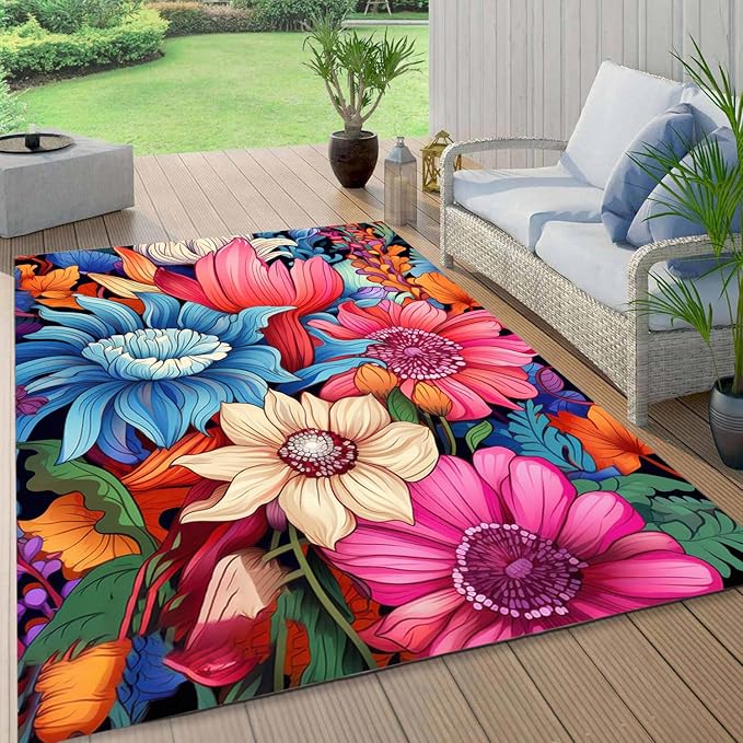 Floral Outdoor Rug Vibrant Waterproof Non Slip Patio Rugs for Balcony Garden Camping Poolside 5x7 Machine Washable Porch Deck Flower Print Outside Carpet Vintage Bathmat Blue Pink