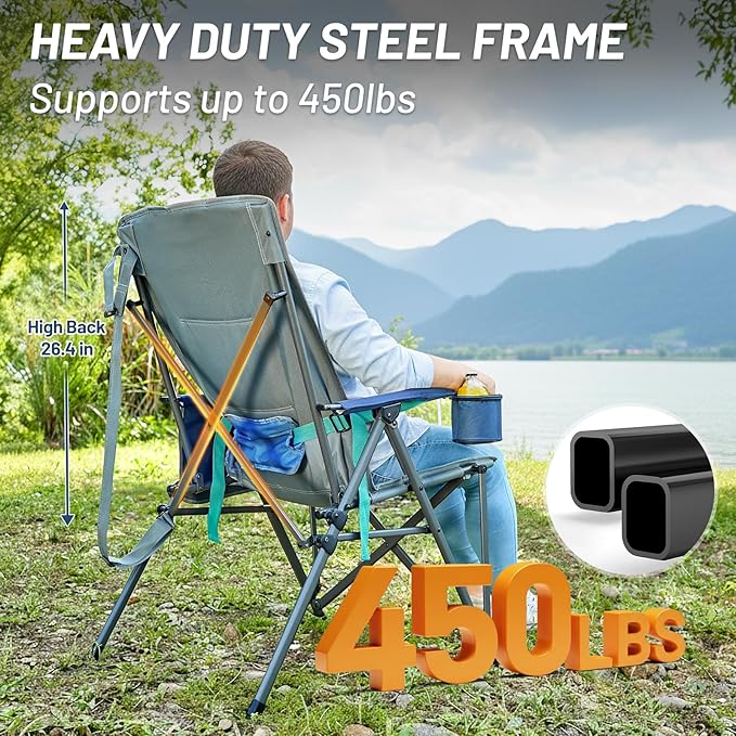 Timber Ridge Oversized Camping Chair with Lumbar Support, Portable Folding Chair Heavy Duty for Adults Supports 450 LBS for Outdoor Camping Lawn, with High Back, Cup Holder, Side Pocket, Blue