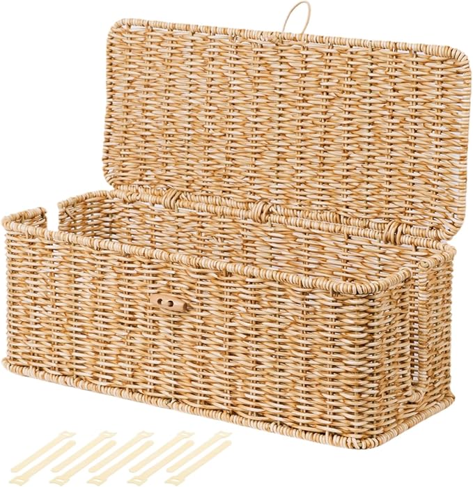 BROWNLILY Cable Management Box, Rattan Style Cord Organizer for Desk Cord Hider Outlet Covers Baby Proofing for Power Strip TV PC Router Charger Under Desk Storage with Lockable Lid and Cable Ties