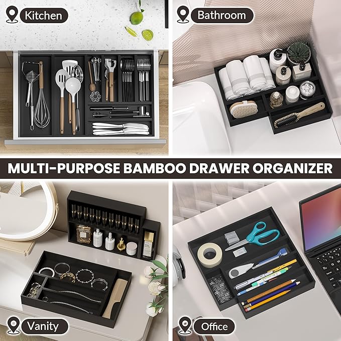 Kitchen Drawer Organizer Bins, Stackable Bamboo Drawer Organizer for Silverware, Coffee Pod Organizer K Cup Holder for Countertop, 2 Pcs Coffee Station Organizer Black 12" x 6" x 2.5"