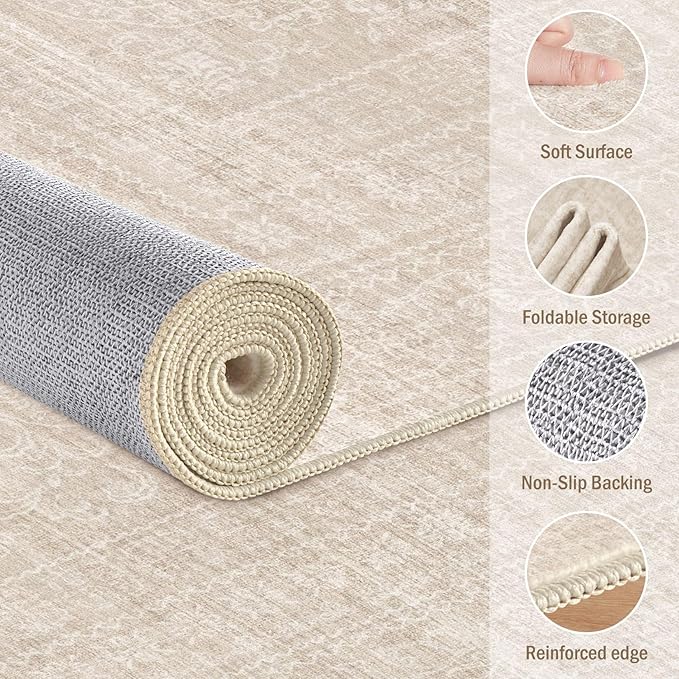 7x9 Area Rug Living Room: Washable Large Vintage Beige Rugs Neutral Non-Slip Soft Stain Resistant Indoor Carpet for Bedroom Nursery Dining Room Under Table Bed Home House Office Playroom