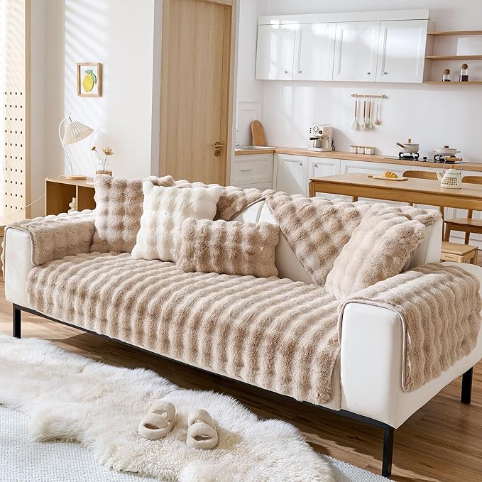 Faux Fur Couch Cover Fuzzy Soft Plush Thick Bubble Sofa Cover Luxury Sectional Couch Covers Luxury Anti-Slip Sofa Slipcover Washable Furniture Protector (Khaki,28"x70")