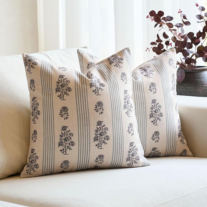 Amor Virisso Floral Throw Pillow Covers 22x22 Set of 2 Block Print Pillow Covers Neutral Floral Striped Farmhouse Decorative Pillow Covers for Sofa Couch Bed, Light Blue