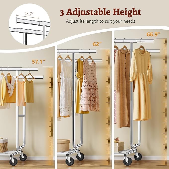 FAVOOSTY Heavy Duty Clothes Rack for Hanging Clothes Double Rods, Rolling & Extending Clothing Rack with Wheels, Garment Coat Rack Freestanding, Portable Clothes Rack, Sliver