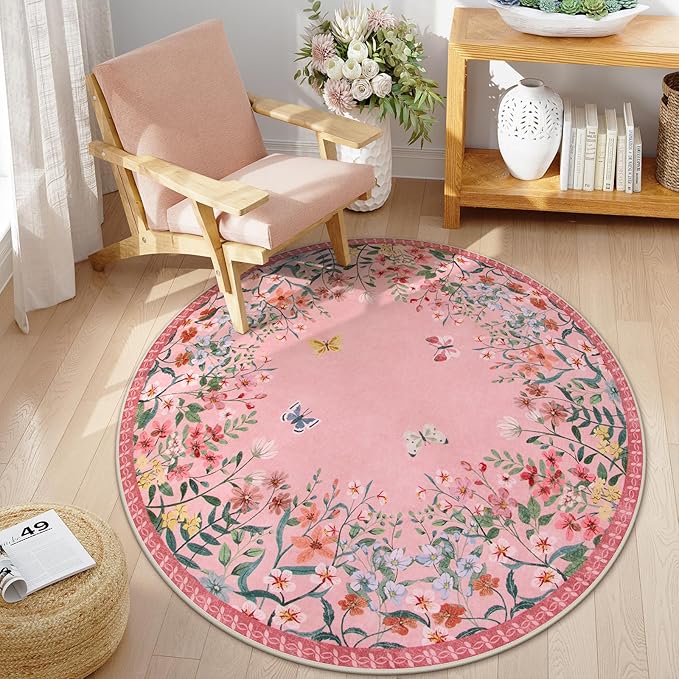 Wonnitar Washable 5ft Round Area Rug, Pink Floral Living Room Rugs for Bedroom Girls, Low Pile Soft Botanical Throw Carpet for Kids Nursery Room (Pink,5ft-Round)