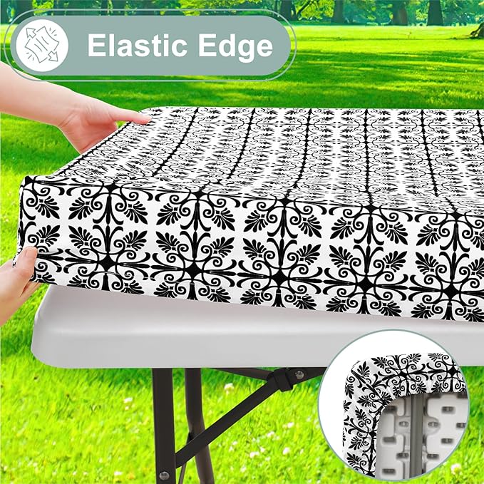 misaya Picnic Table Cover with Bench Cover, Waterproof Elastic Fitted Tablecloth for 8 Foot Tables, Rectangle Washable Polyester Tablecloths for Picnic, Camping, Outdoor (Black, 30" x 96")
