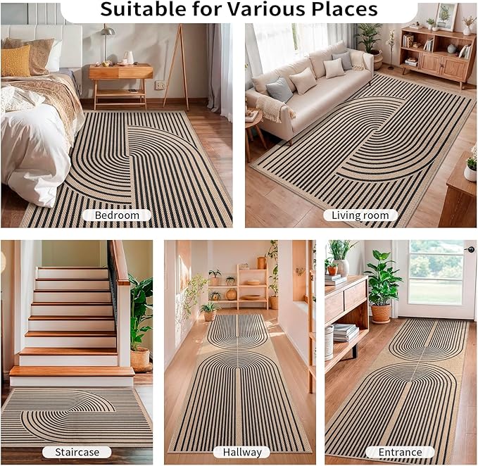 Tangsoo Easy Jute 3x5 Outdoor Rug for Living Room,Non-Slip Thin Black Rainbow Indoor Area Rug,Washable Boho Farmhouse Carpet for Front Porch Bedroom Patio Entryway Balcony