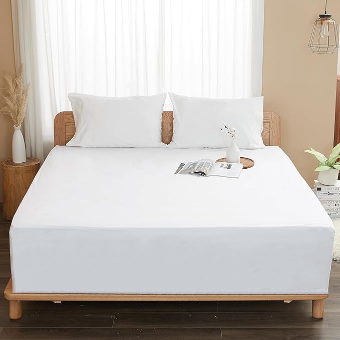 Sunflower King Fitted Sheet, 1-Piece Extra Deep Pocket Fitted Bottom Sheet 19", 100% Cotton Sateen Soft Breathable, White