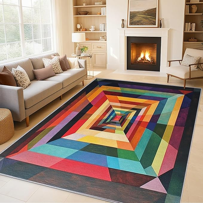 3x5 Colorful Geometry Rugs for Bedroom Decor, Washable Abstract Geometric Pattern Area Rug, Living Room Home Decoration, Non Slip Soft Thin, Abstract Art Decor Carpet PF-P 49