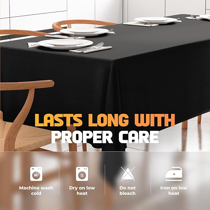 White Classic WEALUXE Black Table Cloth for 8 Foot Rectangle Tables, 60x126 inches, Water, Stain and Wrinkle Resistant, 200 GSM Washable Poly Fabric Tablecloth Rectangular, Elegant and Durable