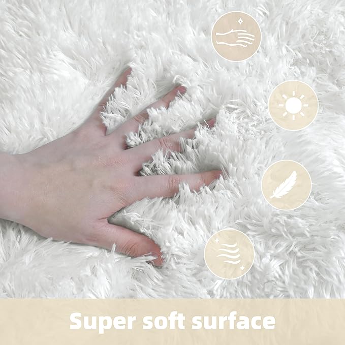 8x10 Solid Fluffy White Area Rug – Washable, Durable, Extra Large Living Room Rug, Non-Slip High Pile Shag Rugs for Bedroom, Playroom, Nursery Rooms, Kids Room, Soft Indoor Floor Carpet Decor