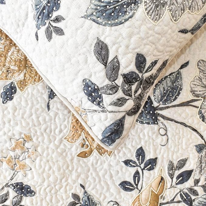 The HomeCentric King/Queen/Twin Blue & Ivory Decorative CA King 86"x18" Bed Runner with 2 Pillow Cover, Bird, Pearl & Quilted Bed Scarf on Linen Fabric - Vintage Birdena