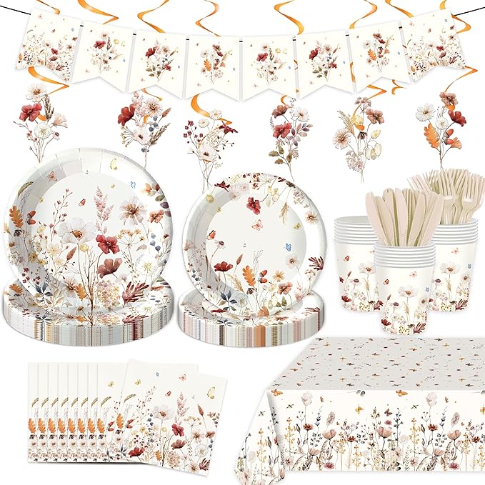 152Pcs Spring Wildflower Party Decorations include Plates, Cups, Napkins, Banner, Tablecloth for Floral Baby Shower Birthday Wedding Decorations, Serves 24