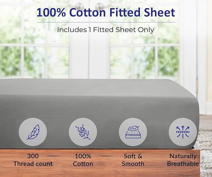ROYALE LINENS 300 Thread Count 100% Long Staple Combed Cotton Fitted Sheet King - Super Soft Deep Pocket Bottom Sheet - Fitted Sheets Only - Elastic Sheets (King, Silver)