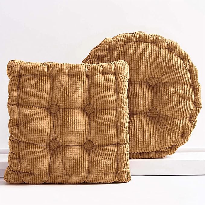 Meditation Floor Pillow Set of 2 Large Square and Round Floor Cushions for Adults Brown Corduroy Floor Seat Pillows Cushion for Living Room Balcony Tatami Yoga,18x18 Inch