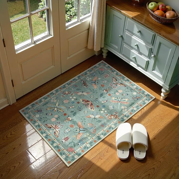Lahome Insect Washable Rug, 2x3 Kitchen Rugs for Entryway Bathroom, Soft Door Mat Indoor Entrance Ultra-Thin, Small Non-Slip Throw Carpet for Bedroom Entry, Green