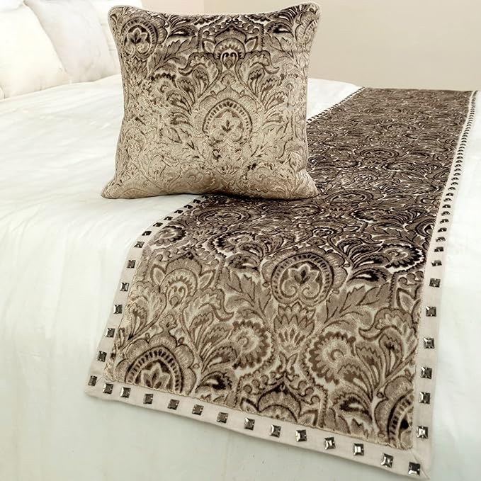 The HomeCentric King/Queen/Twin Beige Decorative Twin 53"x18" Bed Runner Without Pillow Cover, Velvet Damask & Crystal Border Bed Scarf on Velvet Fabric - Henriretta